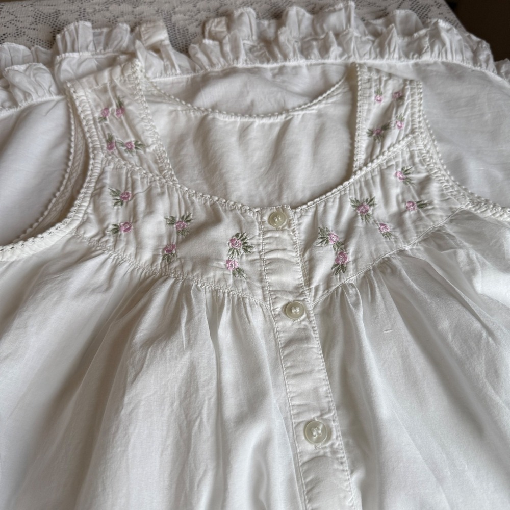 White Nightgown Small Embroidered Floral Button Front Ruffle Hem Cottagecore